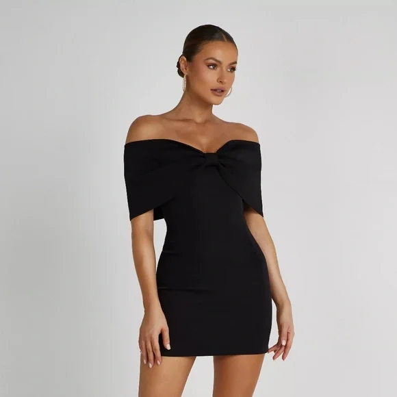 Meshki Dresses Gwyneth Off Shoulder Bow Mini Dress Black - Main Image
